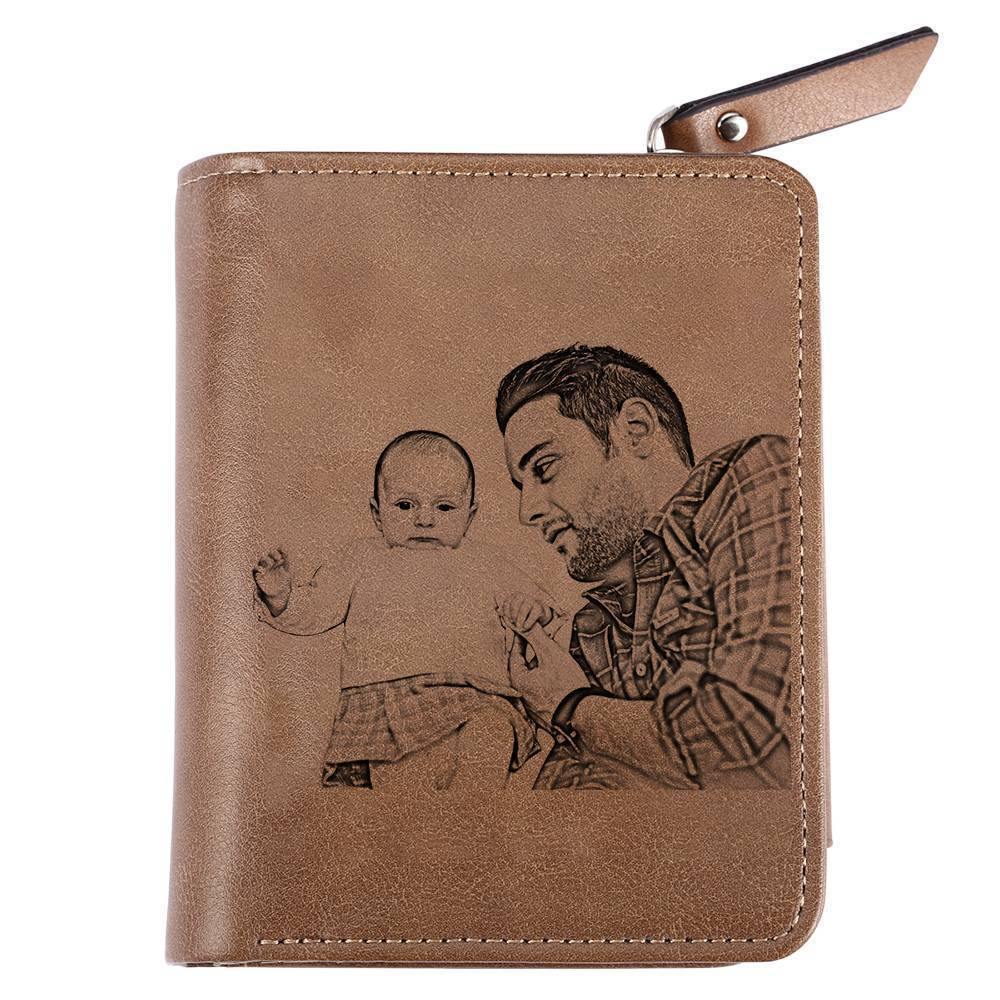 Men's Short Style Custom Inscription Photo Engraved Wallet - Brown Leather Gift for Men