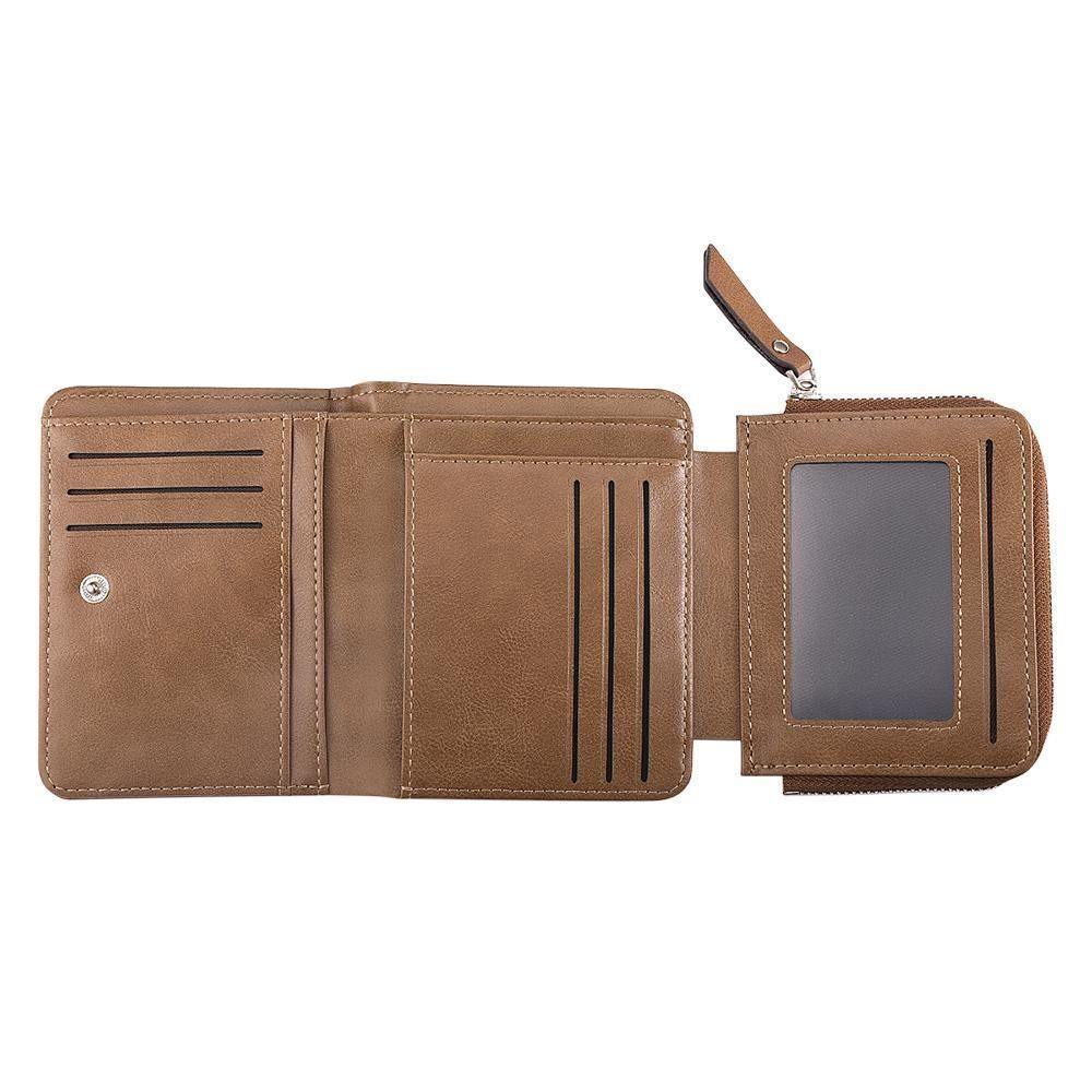 Men's Short Style Custom Inscription Photo Wallet Two Pictures - Brown Leather