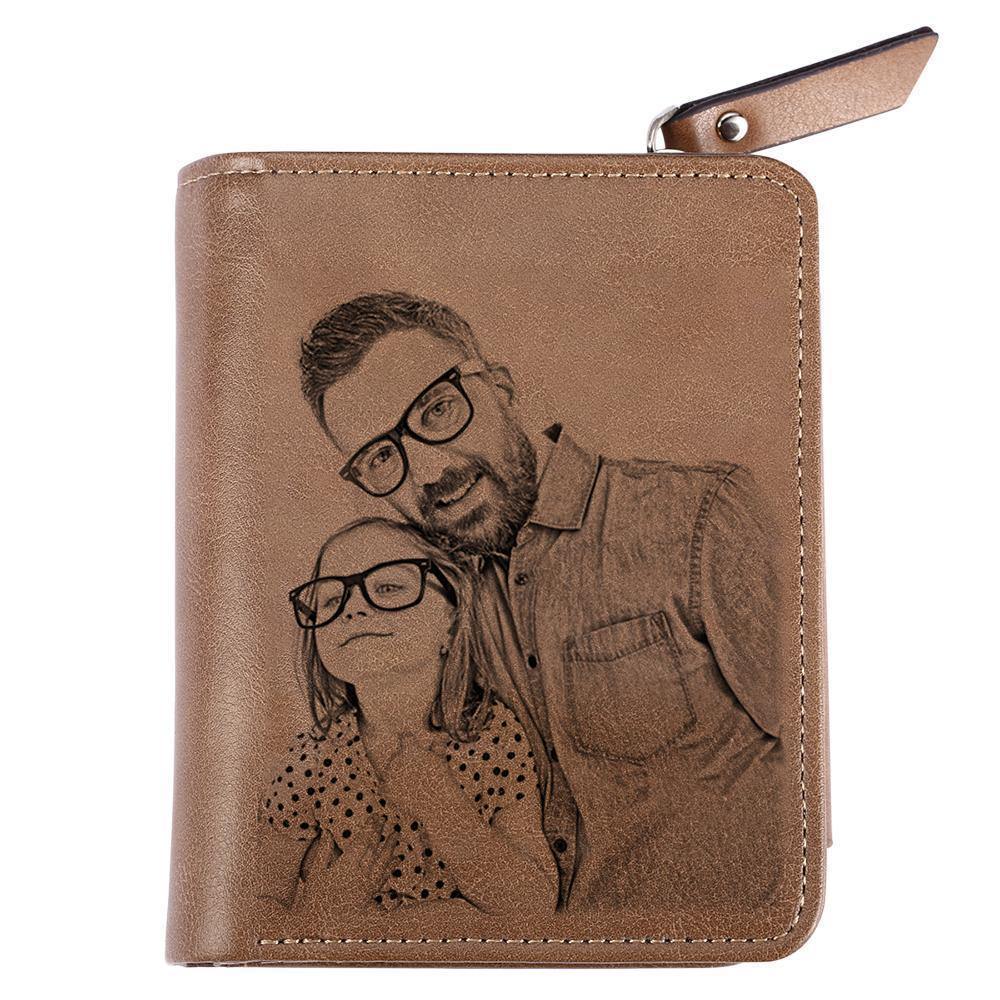 Men's Short Style Custom Inscription Photo Wallet Two Pictures - Brown Leather