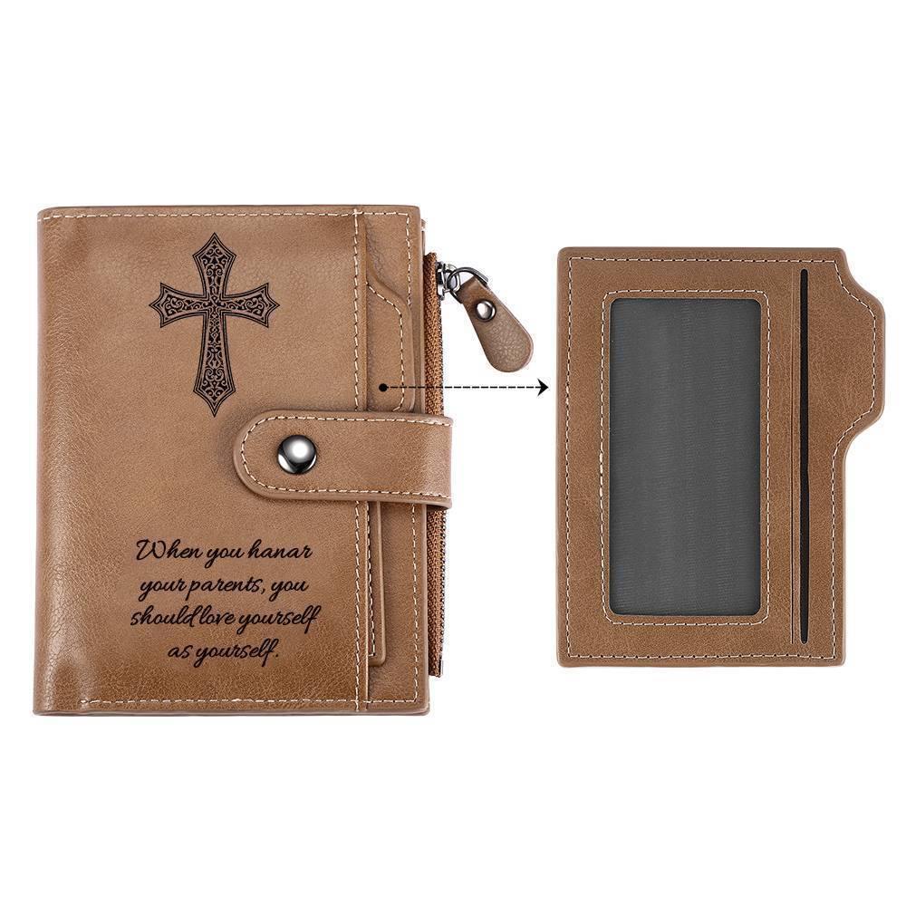 Men's Short Style Custom Inscription Photo Engraved Wallet with Cross Pattern - Brown Leather