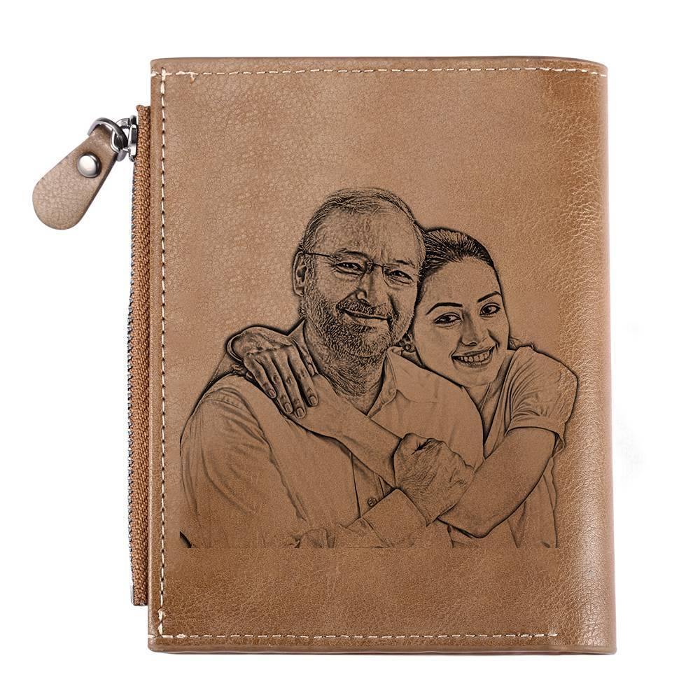 Men's Short Style Custom Inscription Photo Engraved Wallet with Cross Pattern - Brown Leather