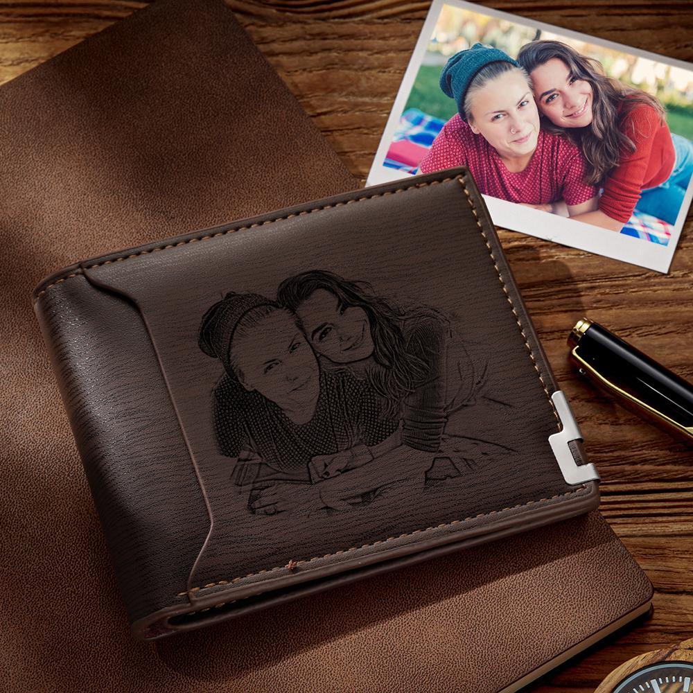 Custom Photo Engraved Wallet Short Style Bifold, Gift for Friend - Coffee Leather -
