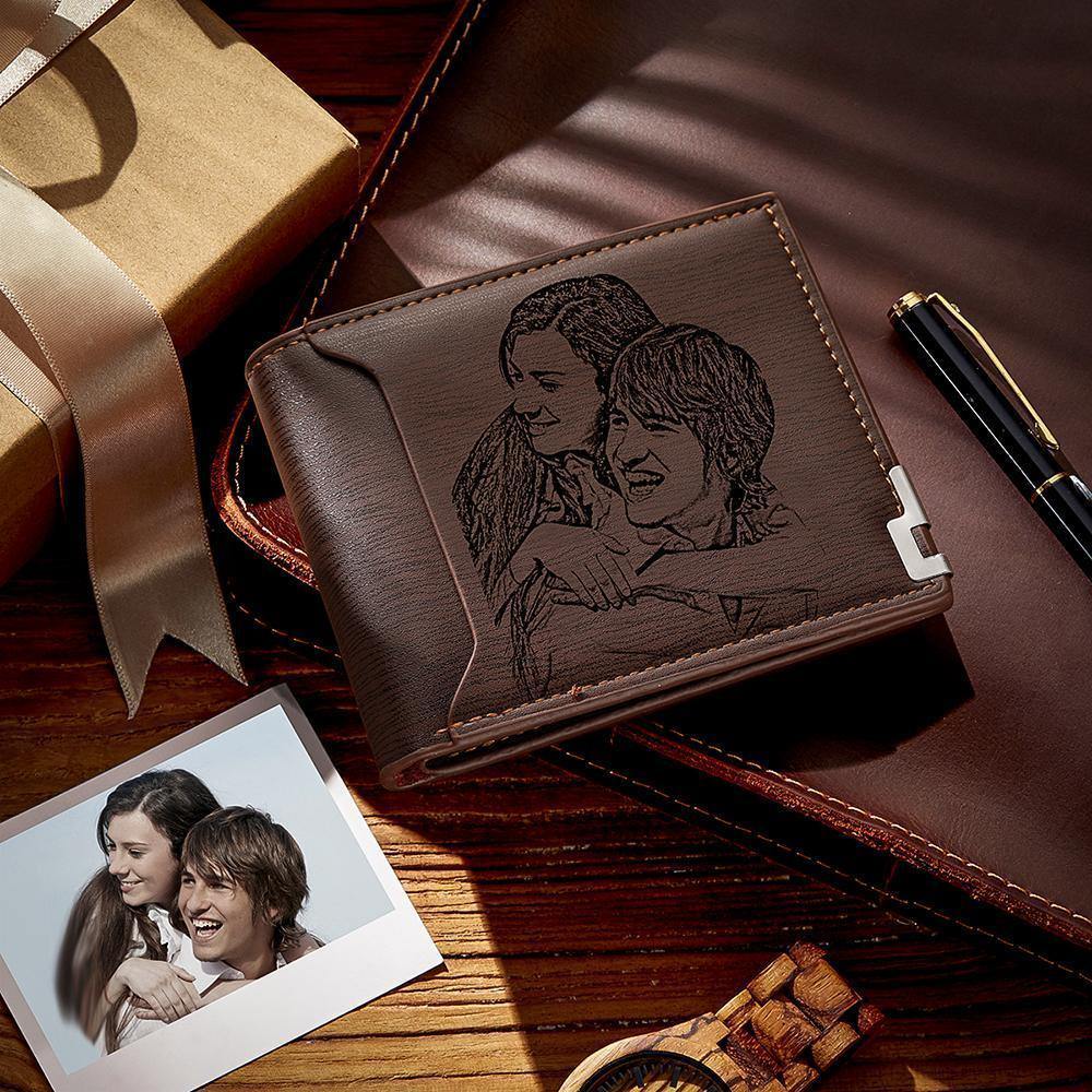 Custom Photo Engraved Wallet Short Style Bifold, Gift for Friend - Coffee Leather - 