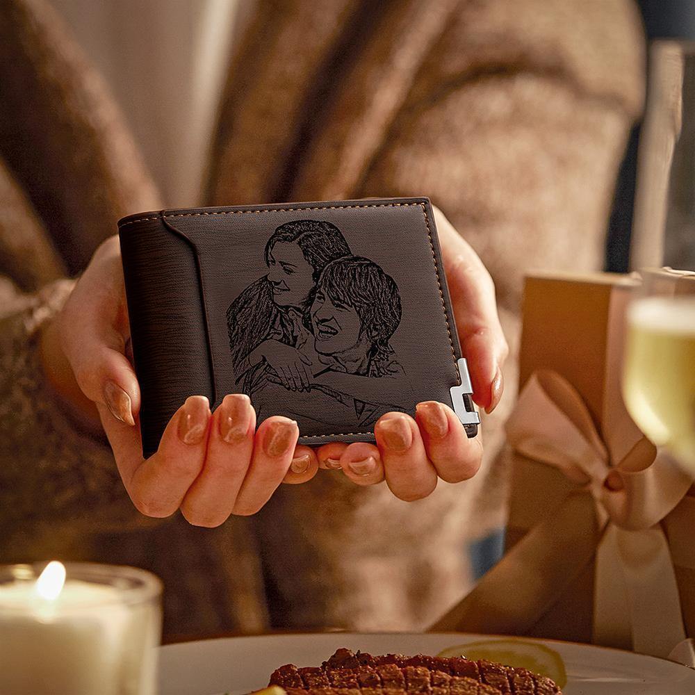 Custom Photo Engraved Wallet Short Style Bifold, Gift for Mother - Coffee Leather -