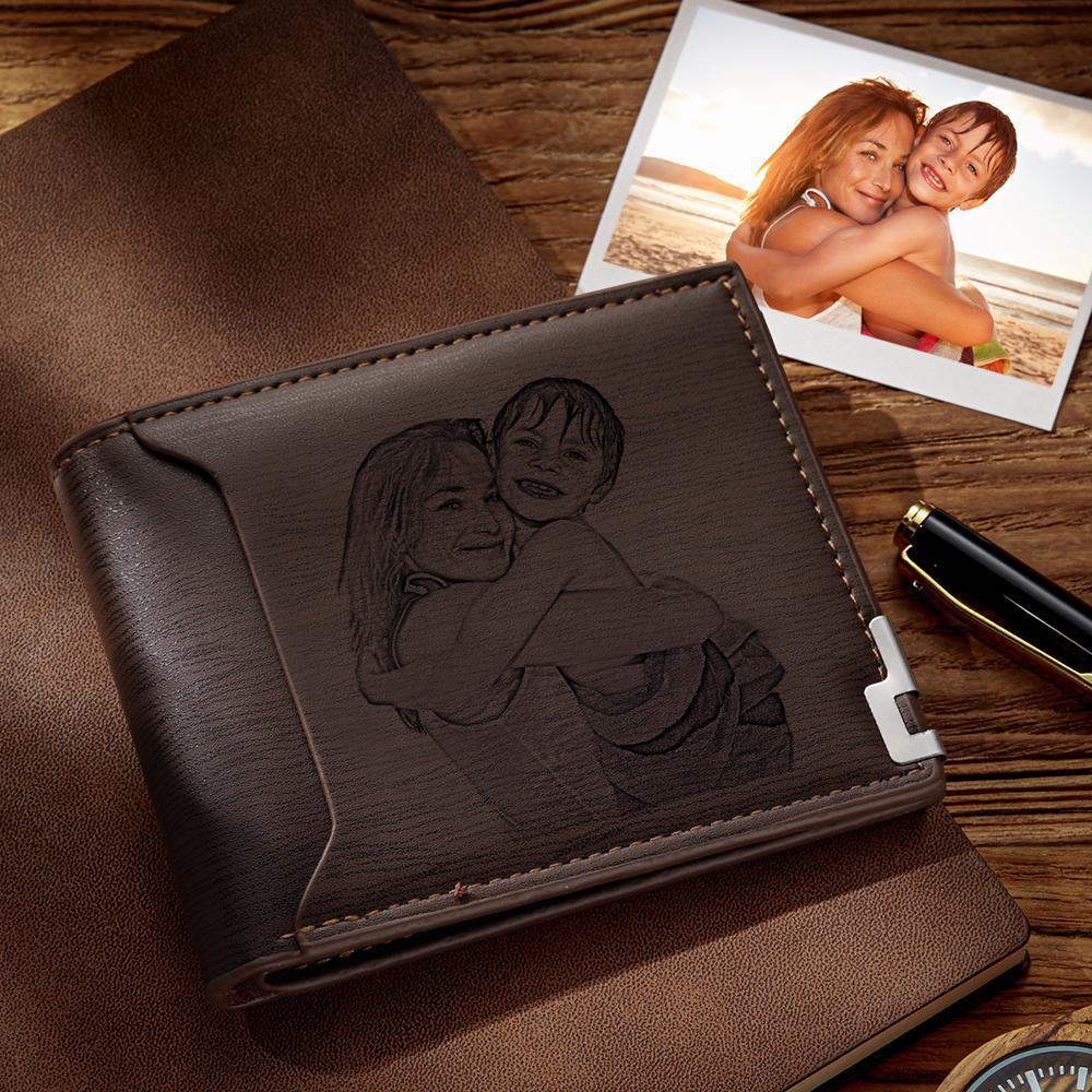 Custom Photo Engraved Wallet Short Style Bifold, Gift for Mother - Coffee Leather - 