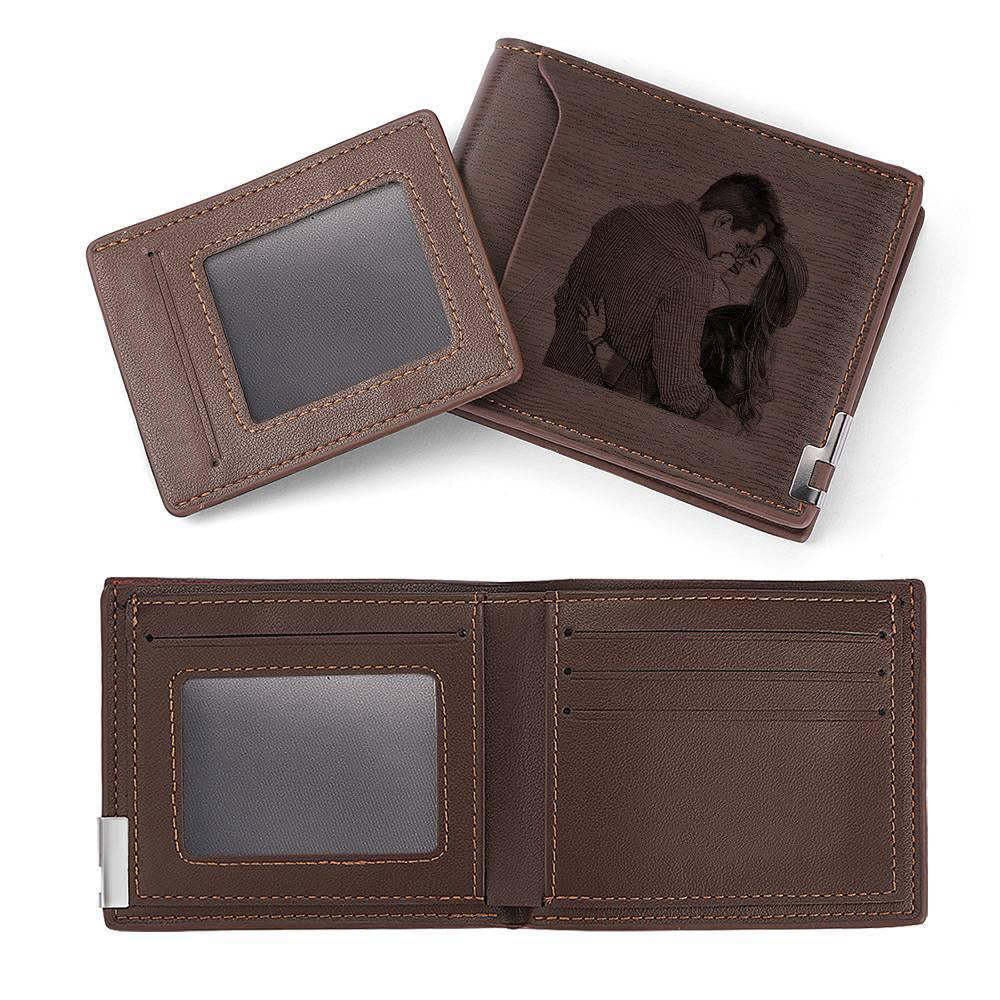 Custom Photo Engraved Wallet Short Style Bifold, Gift for Friend - Coffee Leather