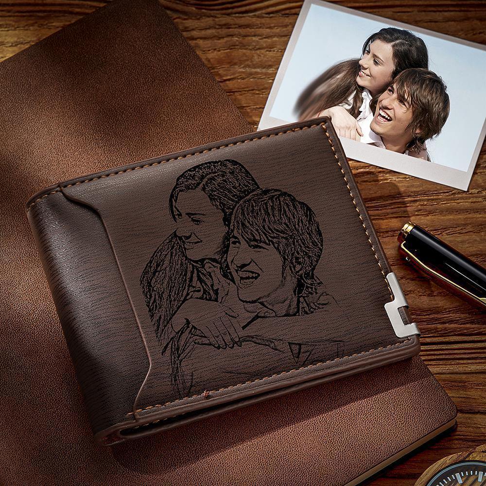 Custom Photo Engraved Wallet Short Style Bifold, Gift for Him - Coffee Leather
