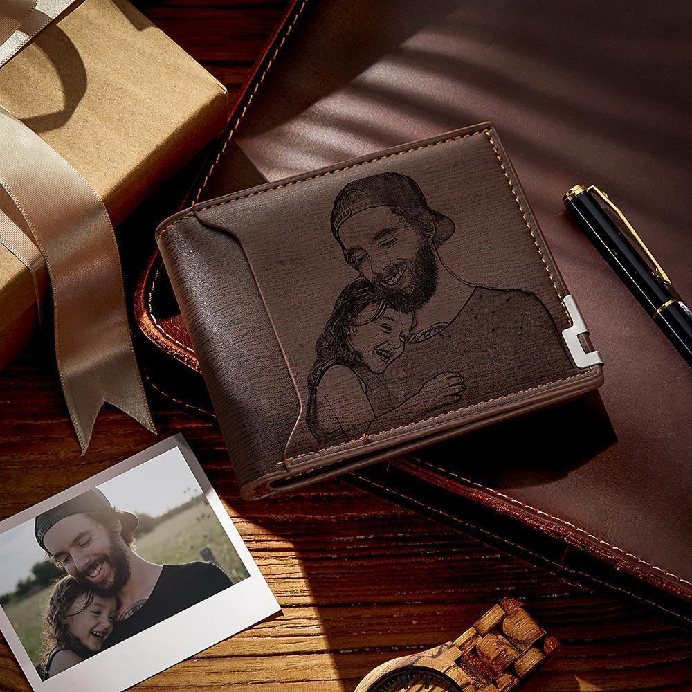 Custom Photo Engraved Wallet Short Style Bifold - Coffee Leather