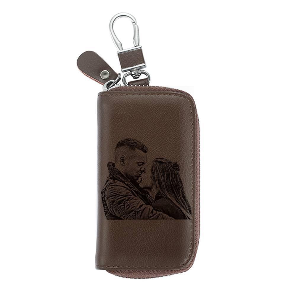Photo Engraved Key Wallet, Leather Key Case Brown