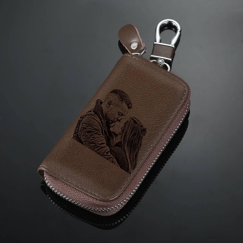 Photo Engraved Key Wallet, Leather Key Case Brown