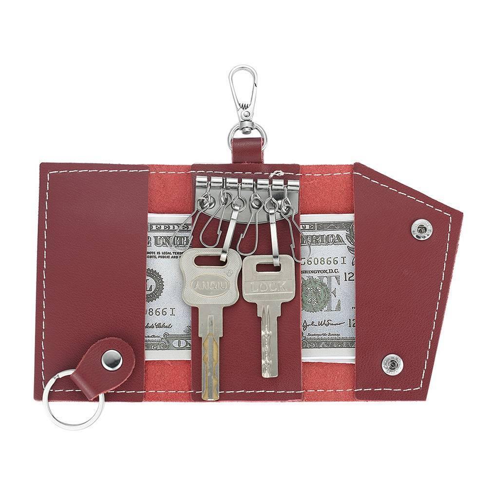 Photo Leather Key Case, Key Holder Wallet Dark Red
