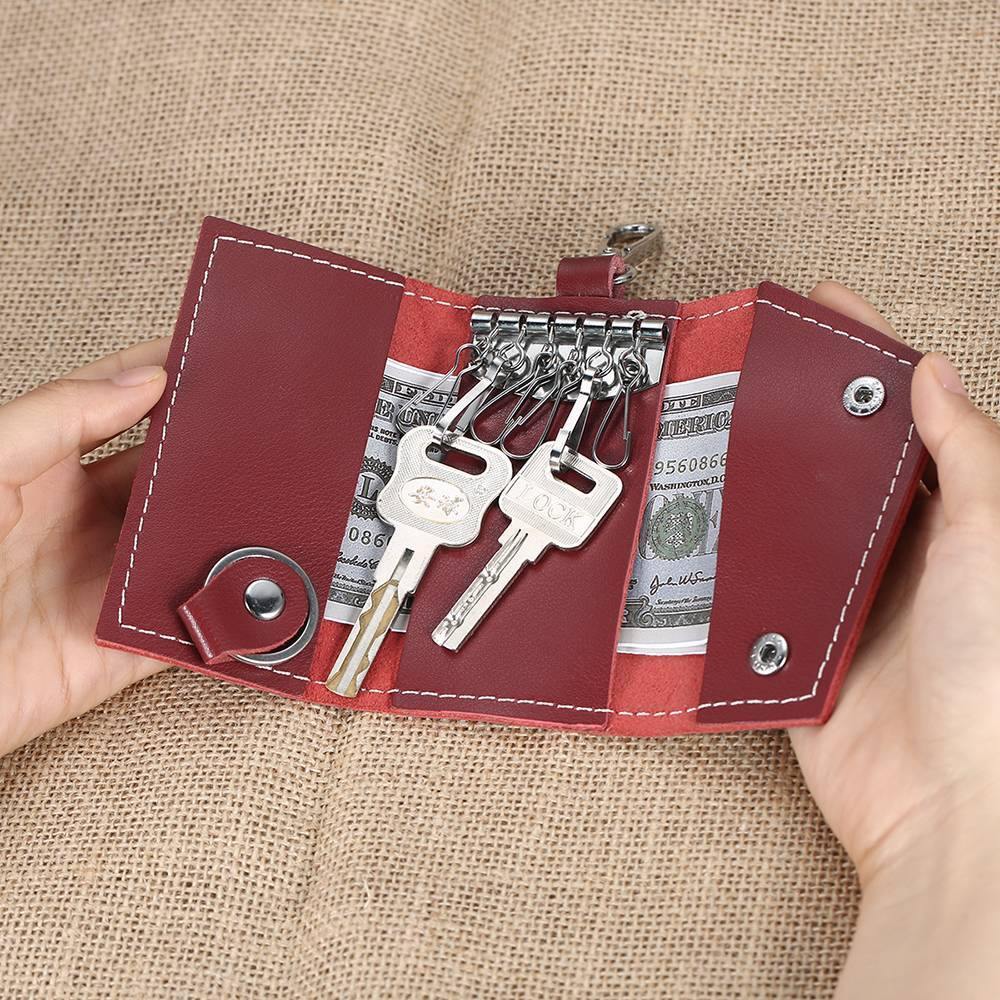 Photo Leather Key Case, Key Holder Wallet Dark Red