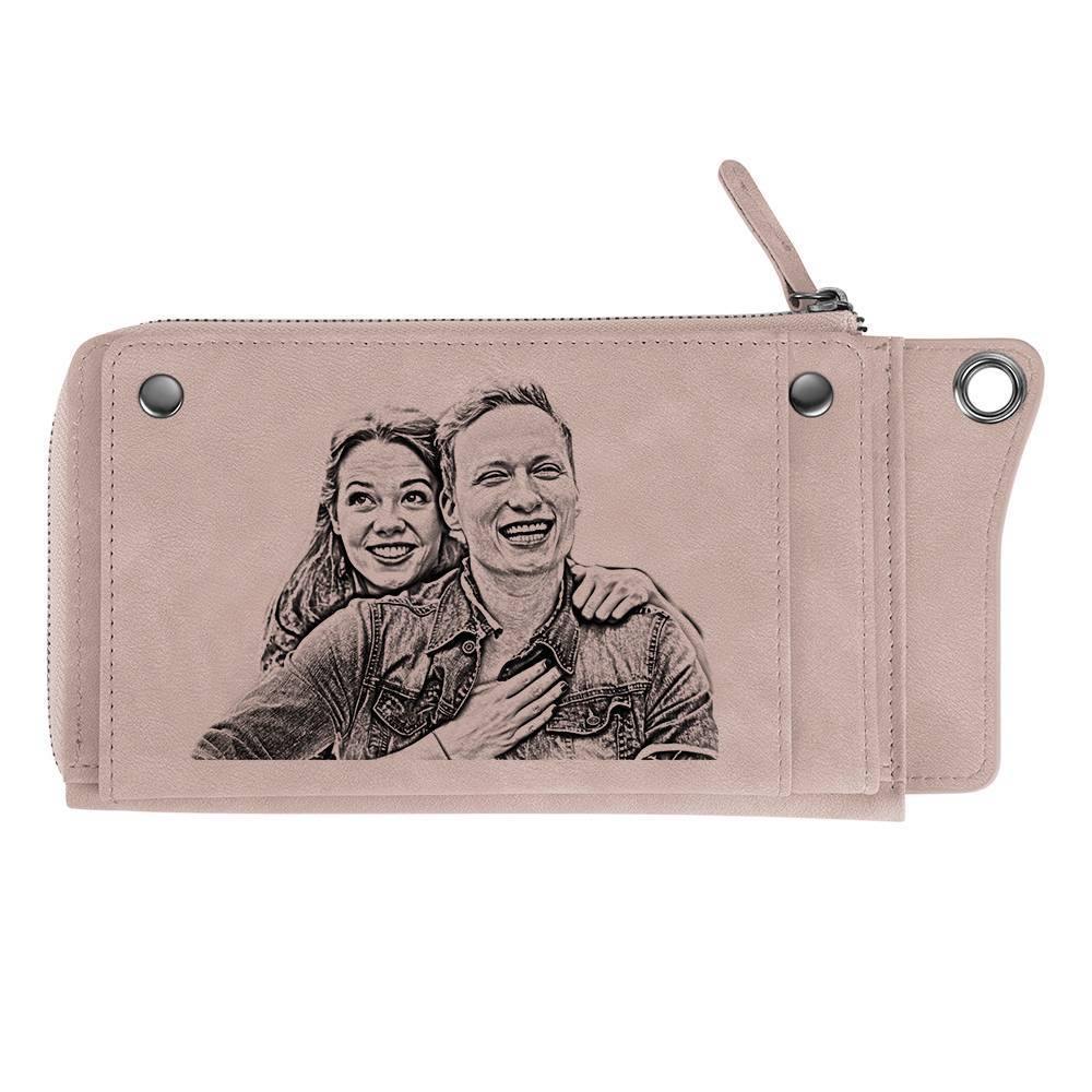 Photo Engraved Wallet Long Style Leather, Keepsake Gift - Pink - 
