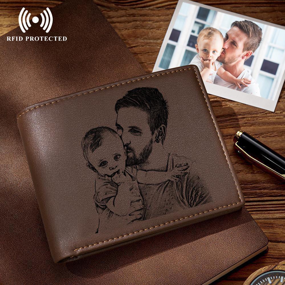 Custom Photo Engraved Wallet -Wallet Anti-Theft Brush RFID Protected for Him or Her Men's Billfold Brown