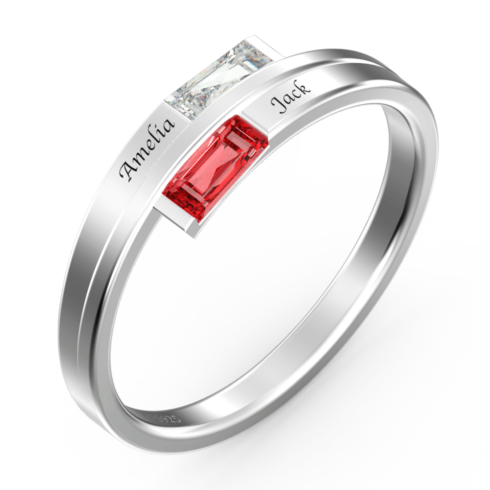Personalized Birthstone Double Baguette Bypass Promise Ring with Engraving Silver - 