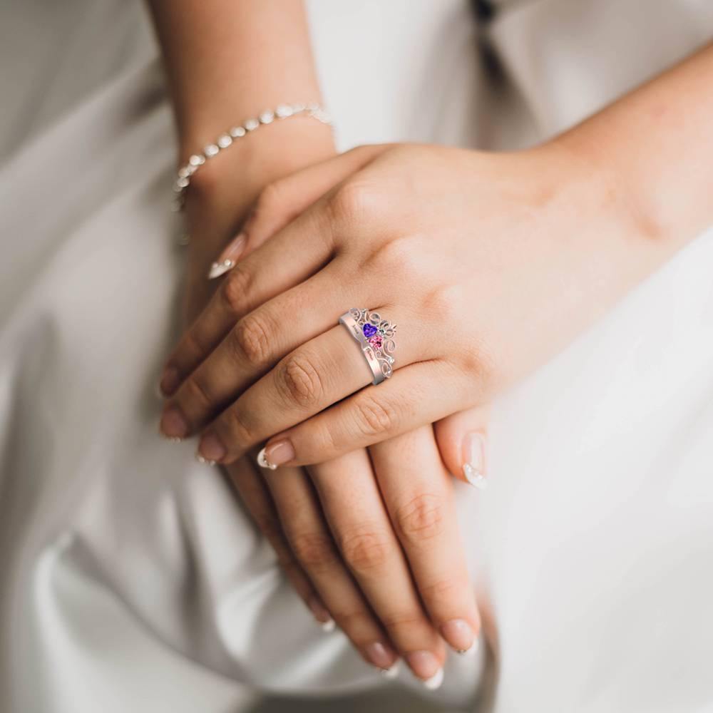 Personalized Heart Birthstone Crown Princess Promise Ring with Engraving Silver -