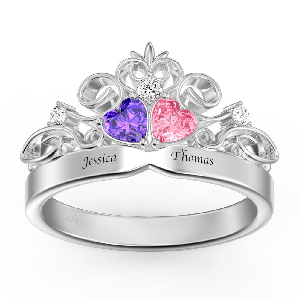 Personalized Heart Birthstone Crown Princess Promise Ring with Engraving Silver - 