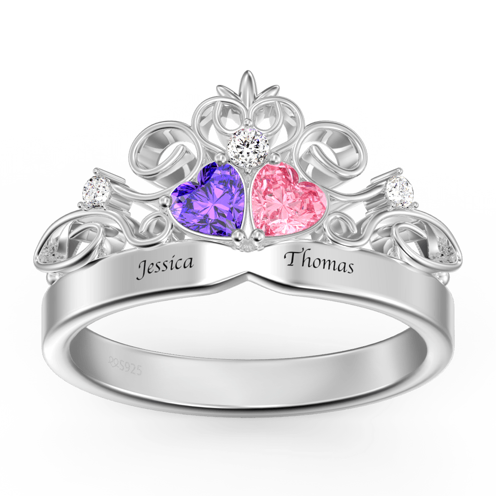 Personalized Heart Birthstone Crown Princess Promise Ring with Engraving Silver -