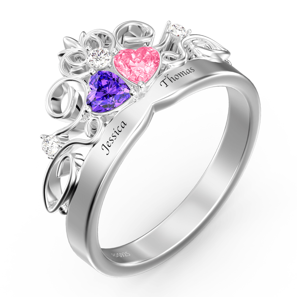 Personalized Heart Birthstone Crown Princess Promise Ring with Engraving Silver -