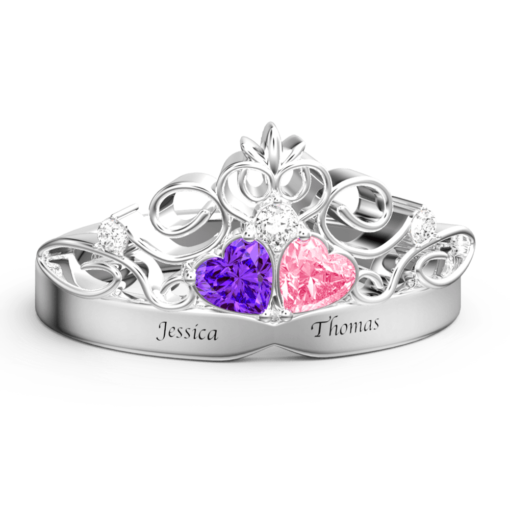 Personalized Heart Birthstone Crown Princess Promise Ring with Engraving Silver - 