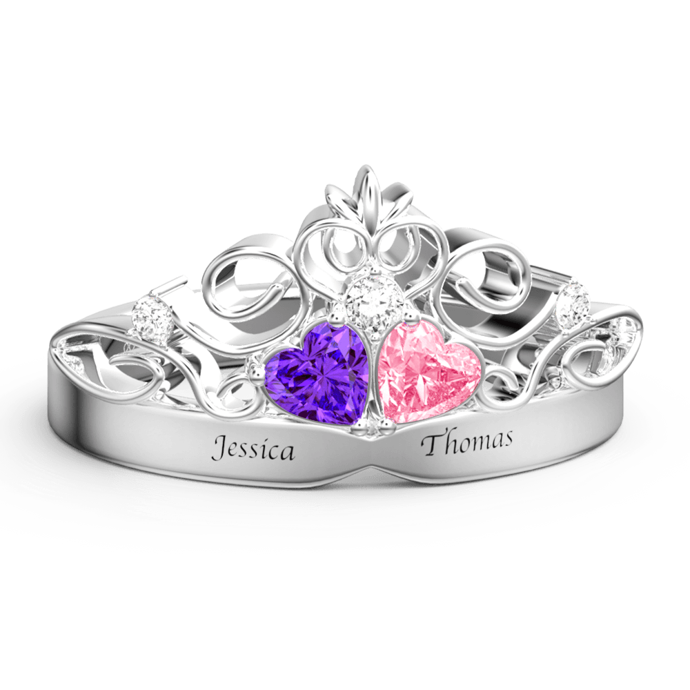 Personalized Heart Birthstone Crown Princess Promise Ring with Engraving Silver -