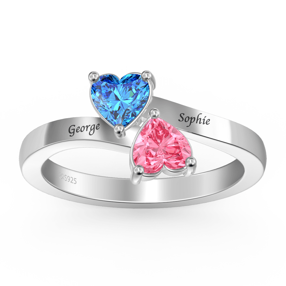 Personalised Birthstone with Engraving Double Heart promise Ring Silver