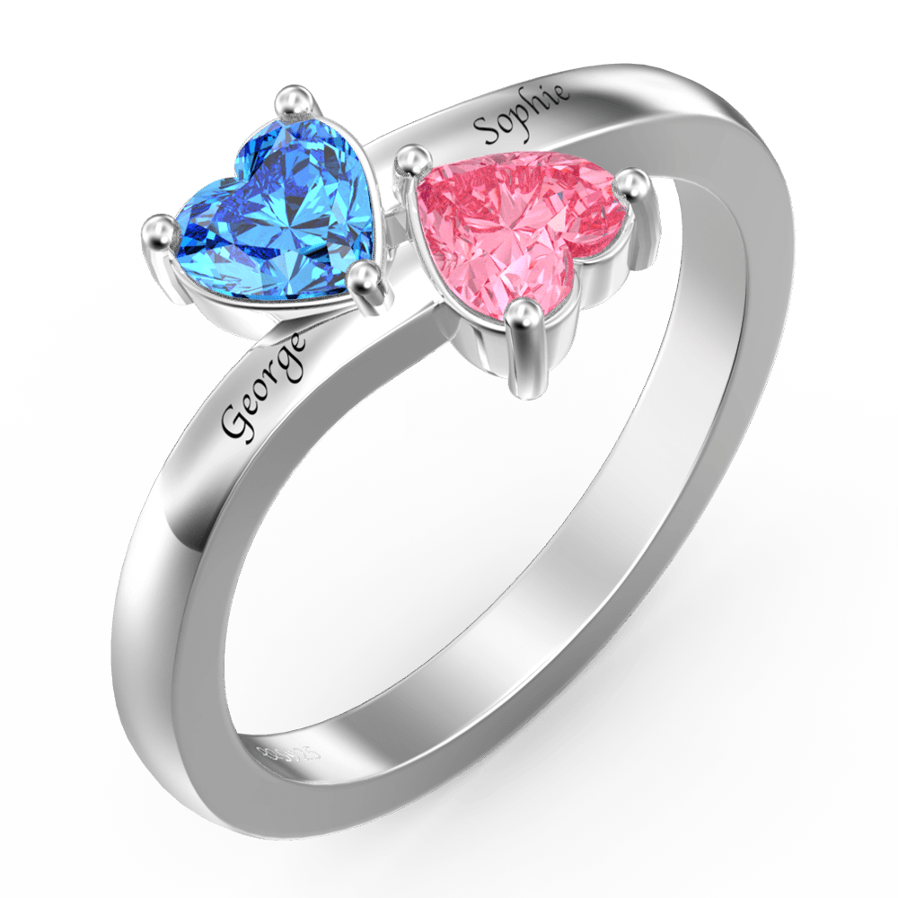 Personalized Birthstone with Engraving Double Heart Promise Ring Silver - 