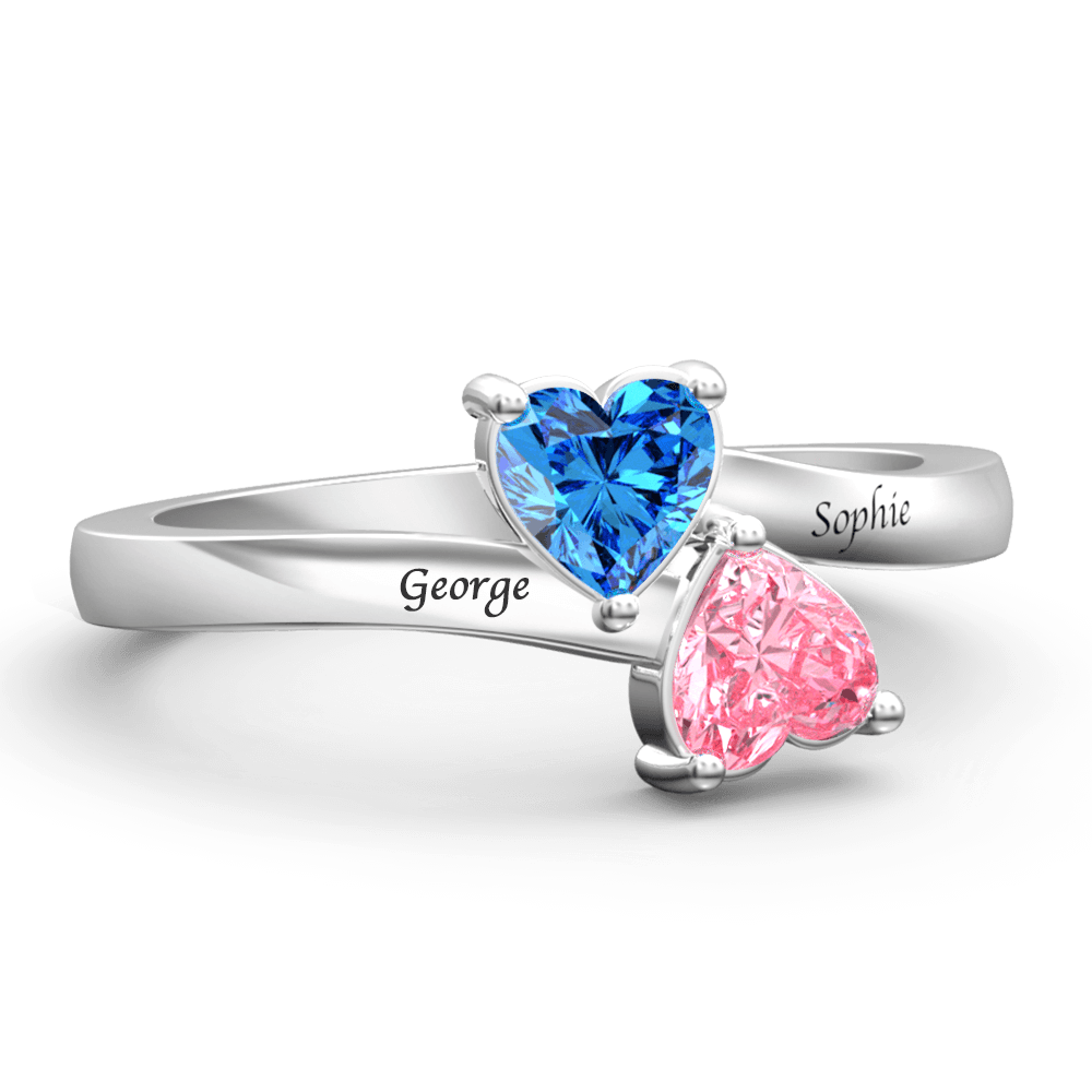 Personalised Birthstone with Engraving Double Heart promise Ring Silver