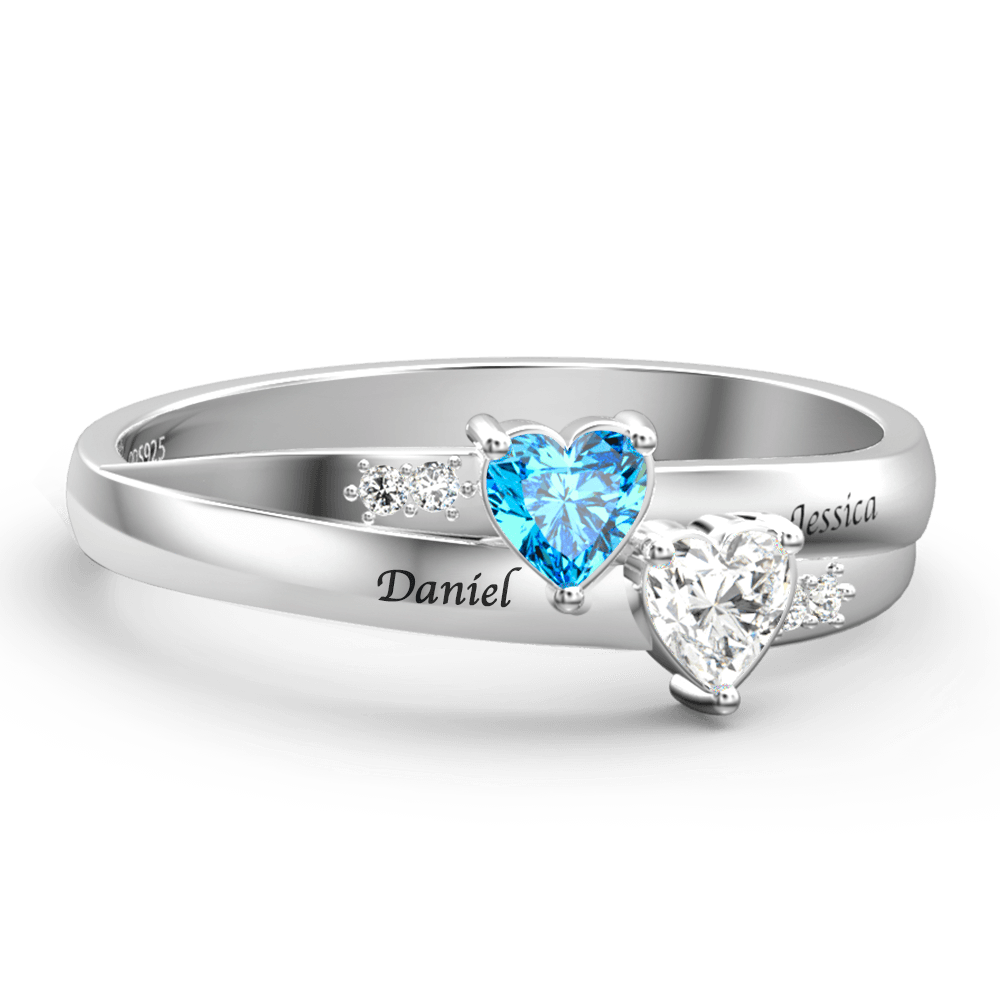 Engraved Double Heart Birthstone Promise Ring Silver - 