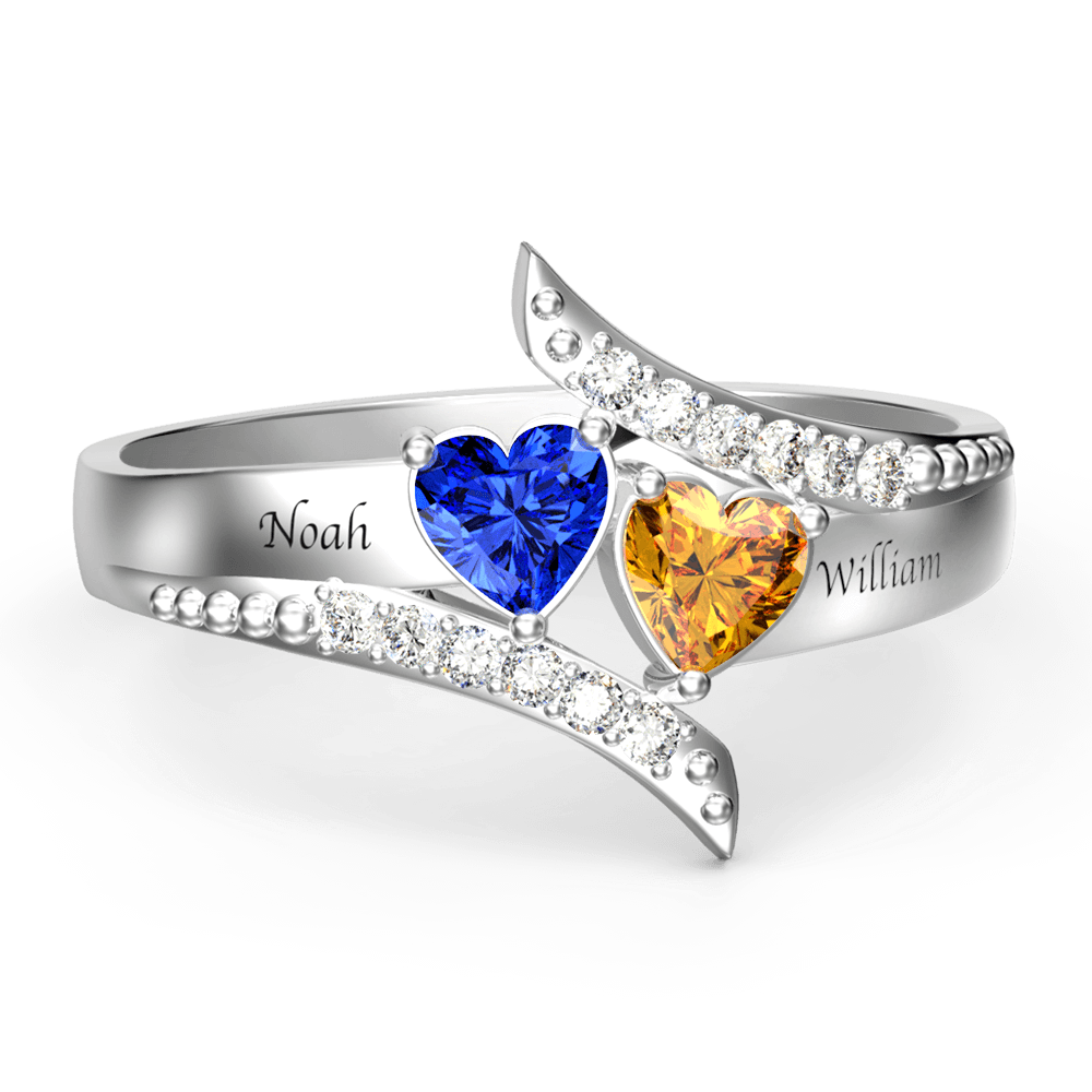 Engraved Double Heart Birthstone Promise Ring Silver - 