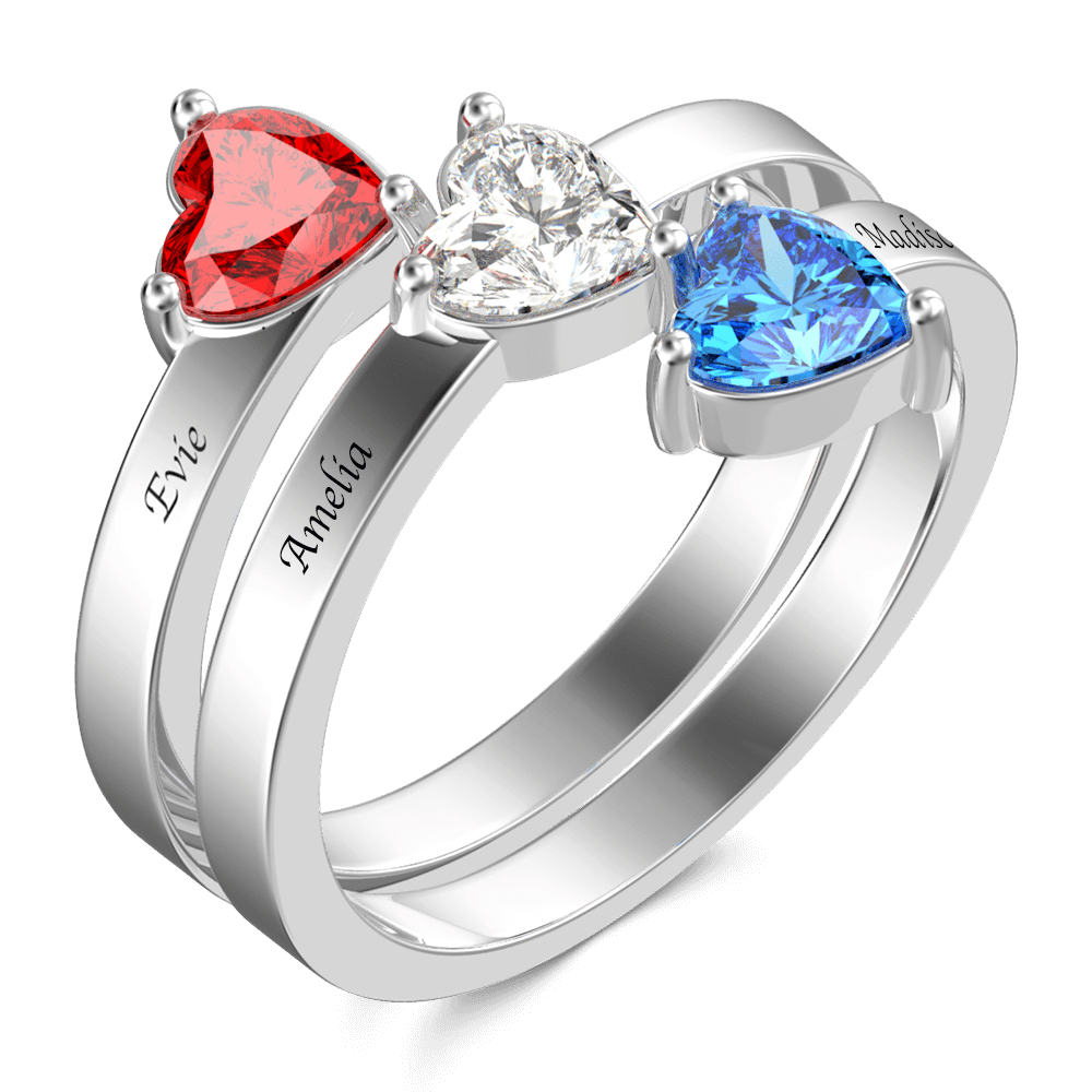 Personalized Heart Birthstone Promise Ring with Engraving Silver - 