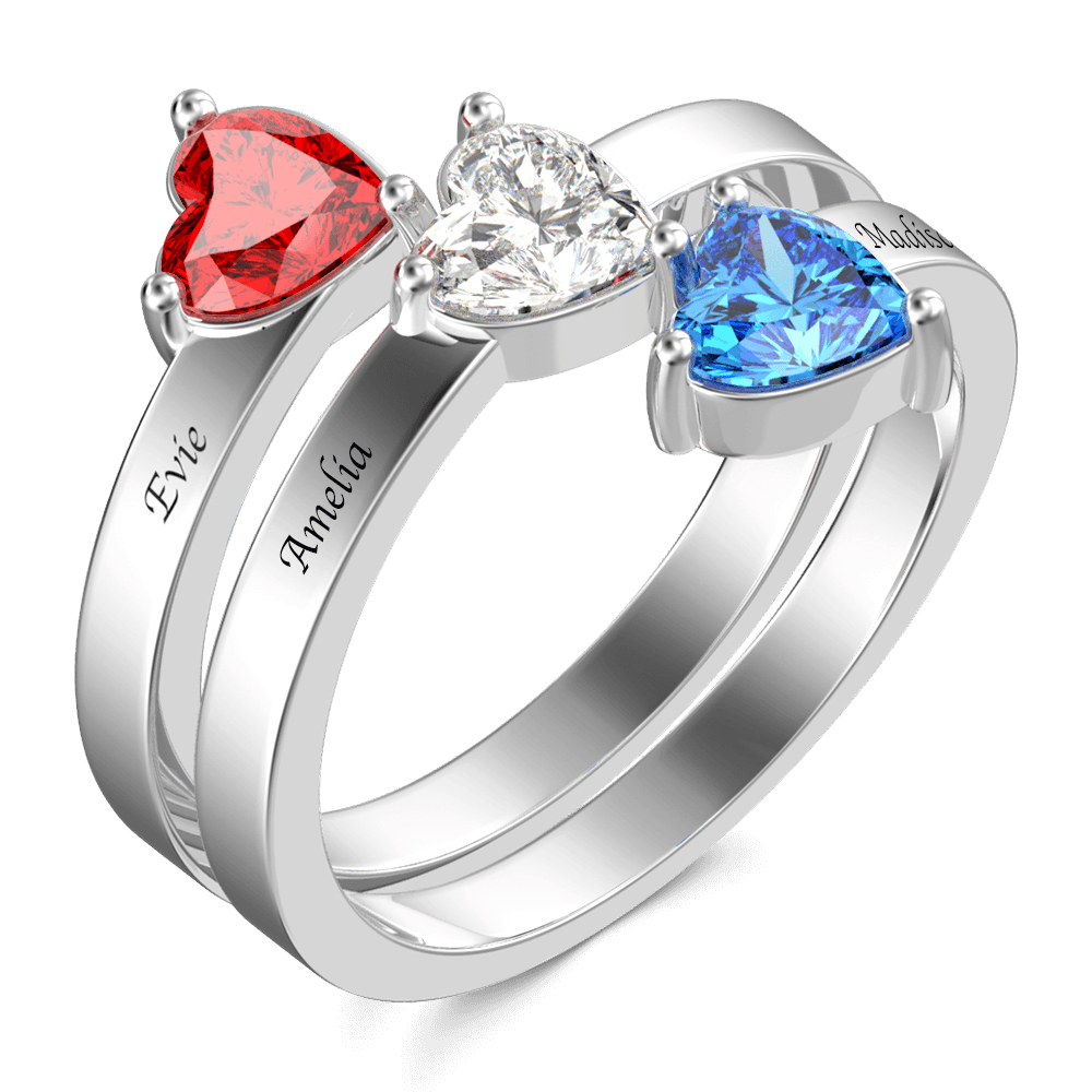 Personalized Heart Birthstone Promise Ring with Engraving Silver