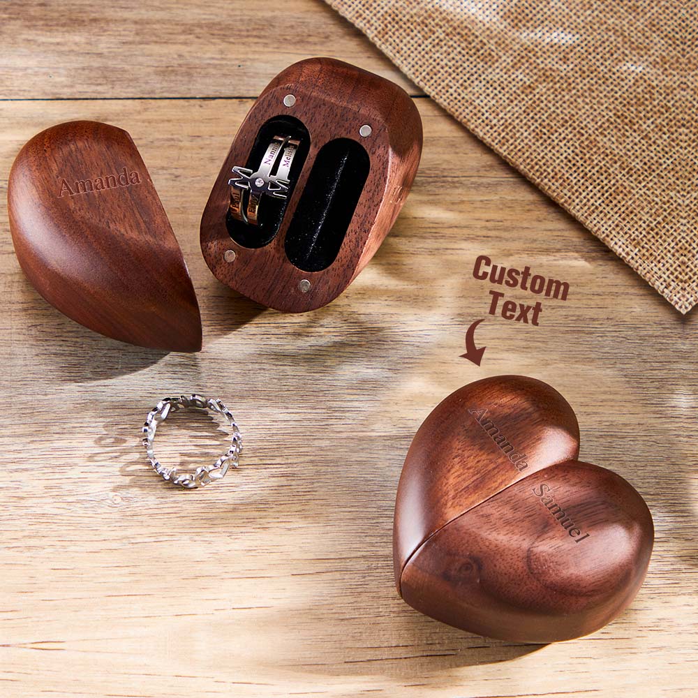 Personalized Heart-Shaped Engraved Ring Box Wooden Double Rings Wedding Ring Holder - soufeelmy