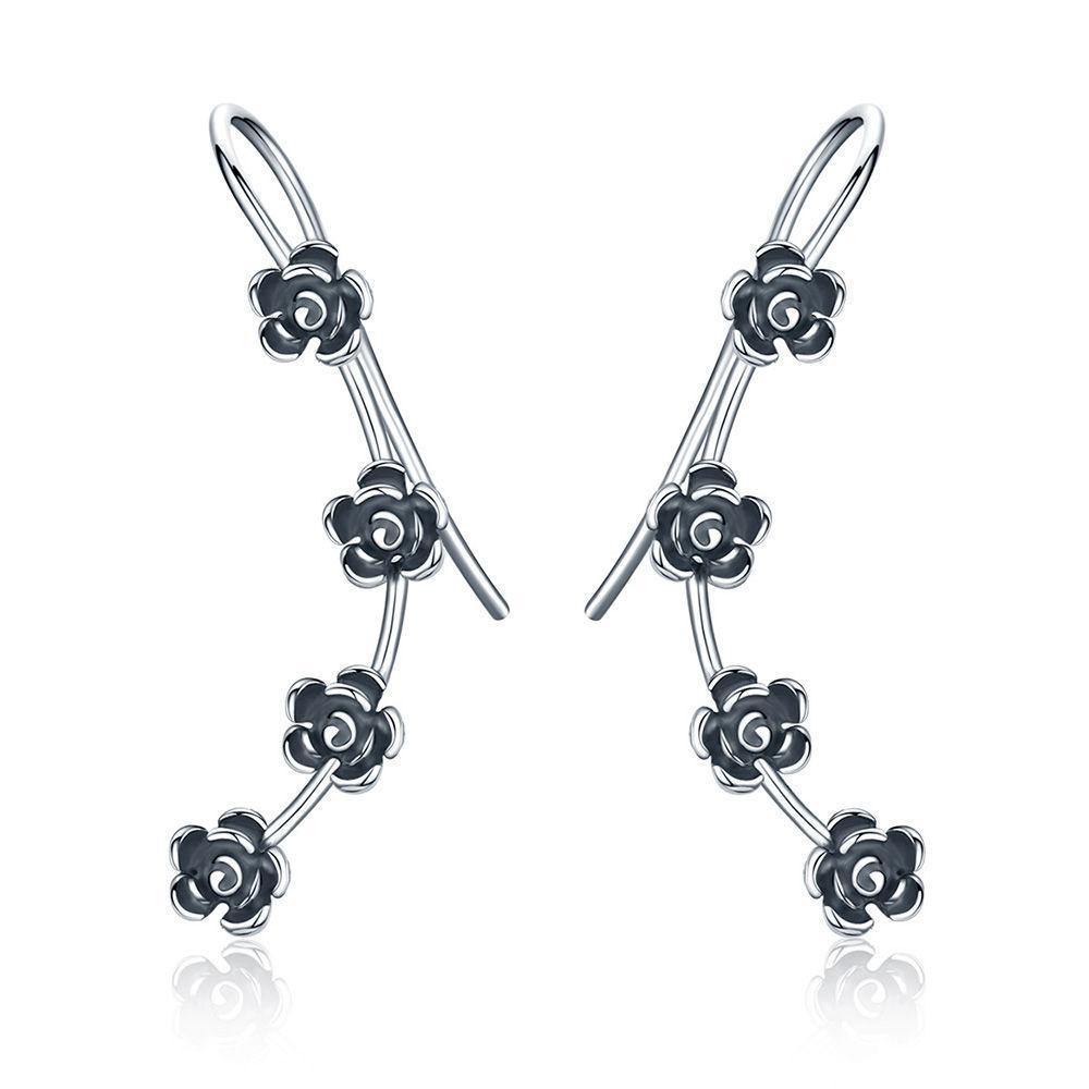 Black Flowers Drop Earrings Silver - soufeelus