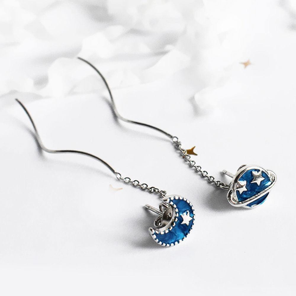 Blue Star and Moon Ear Lines Sterling Silver - soufeelus