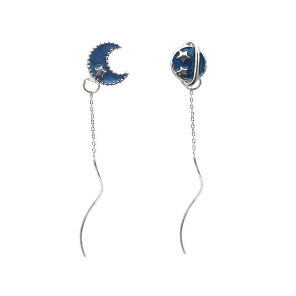 Blue Star and Moon Ear Lines Sterling Silver - soufeelus