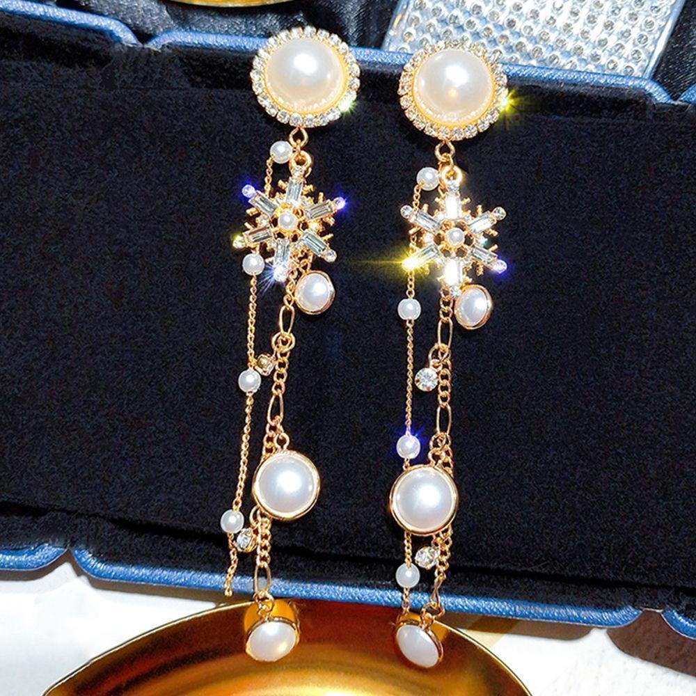 Snowflake and Pearl Tassel Drop Earrings - soufeelus