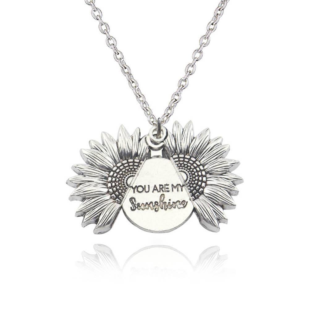 Sunflower Necklace, Double Layer Lettering Vintage Silver - You are my Sunshine - soufeelus