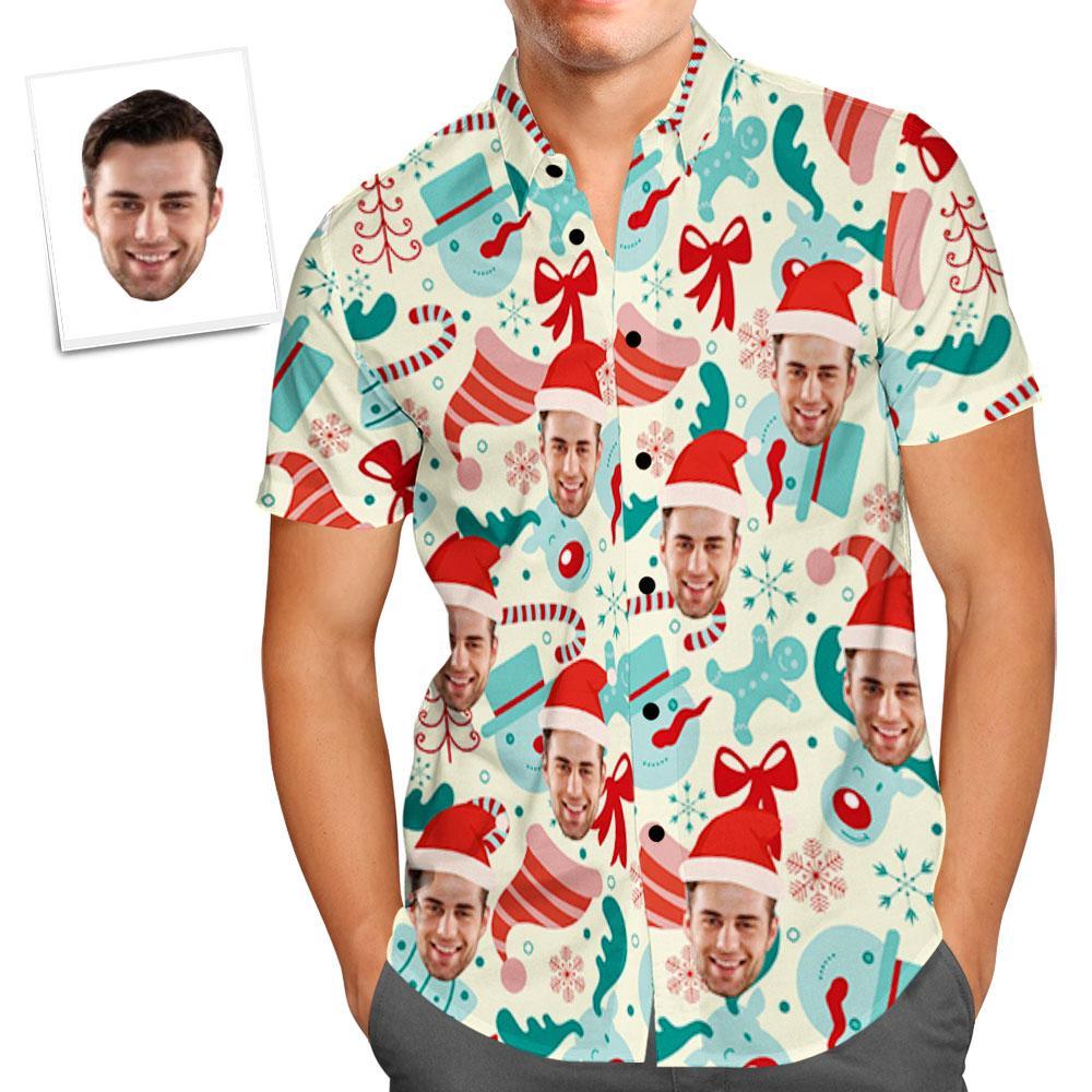 Custom Face Shirt Personalized Photo Men's Hawaiian Shirt Christmas Gift - Santa Hat - soufeelmy