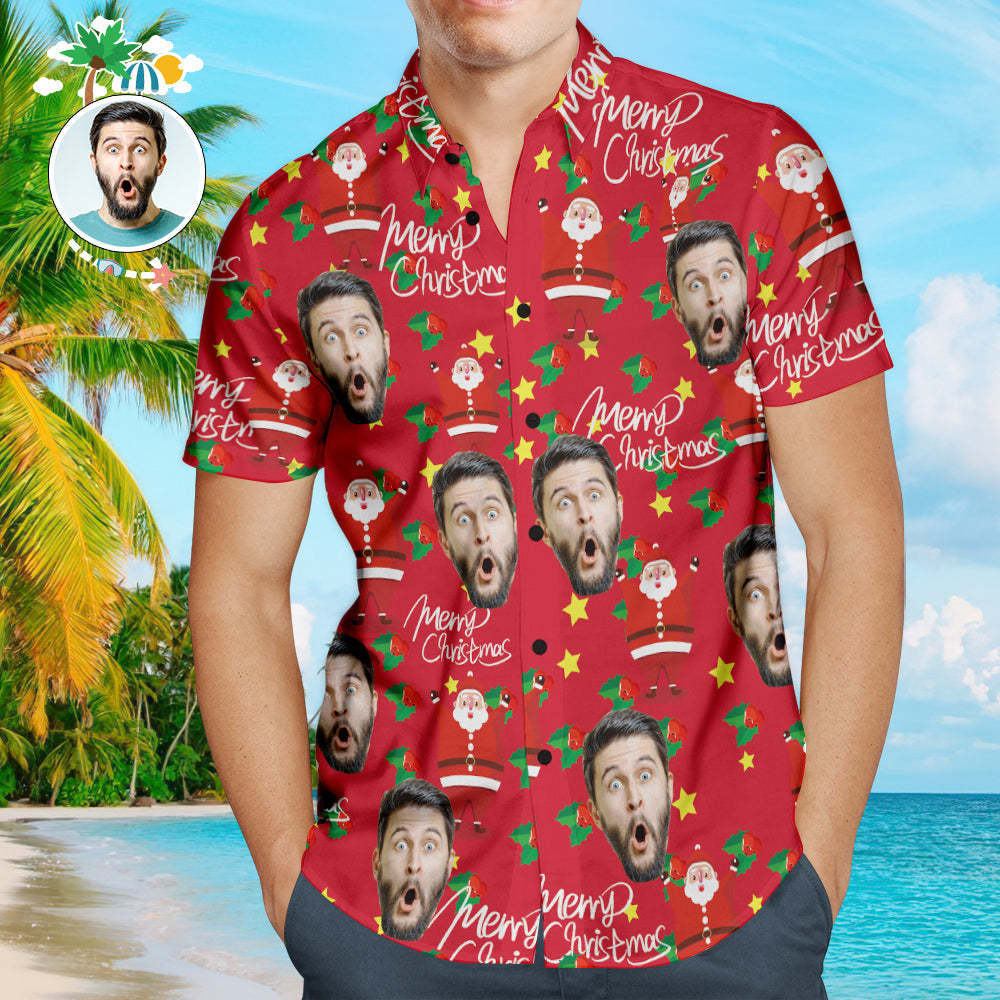 Custom Face Shirt Personalized Photo Men's Hawaiian Shirt Christmas Gift - Happy Santa - soufeelmy