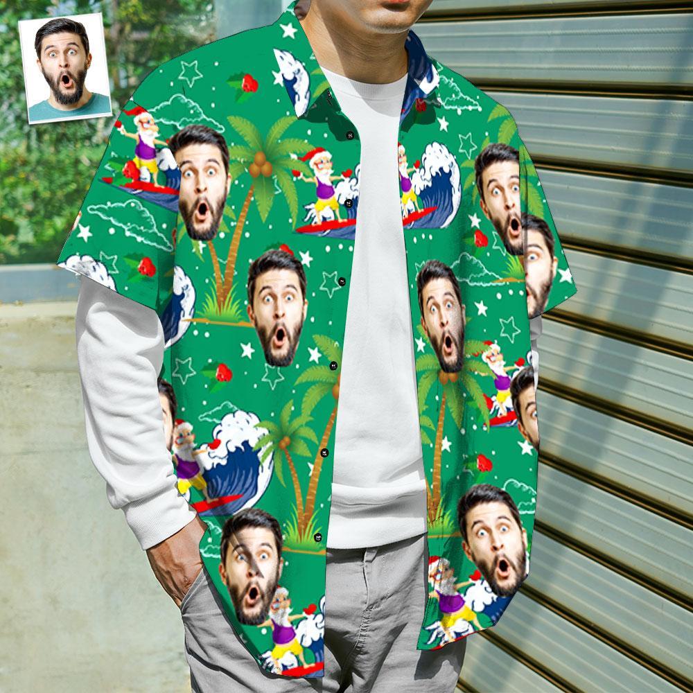 Custom Face Shirt Personalized Photo Men's Hawaiian Shirt Christmas Gift - Surfing Santa - soufeelmy