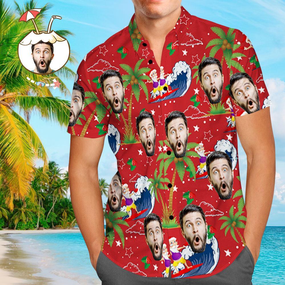 Custom Face Shirt Personalized Photo Men's Hawaiian Shirt Christmas Gift - Surfing Santa - soufeelmy