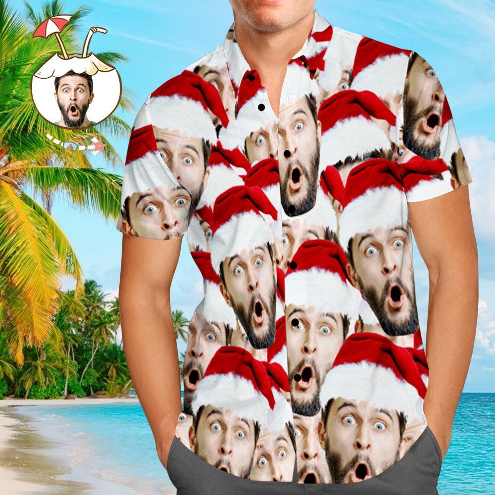 Custom Face Shirt Personalized Photo Men's Hawaiian Shirt Christmas Gift - Santa Face Mash - soufeelmy