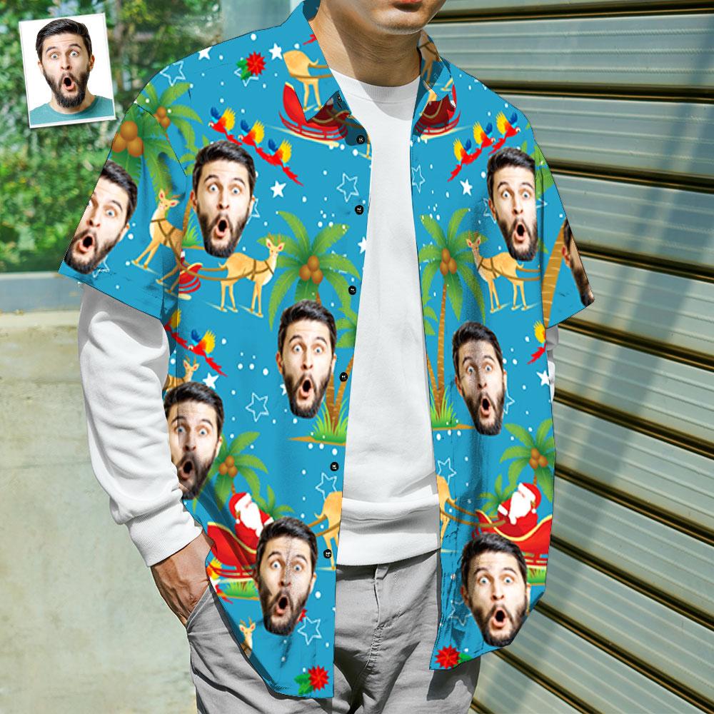 Custom Face Shirt Personalized Photo Men's Hawaiian Shirt Christmas Gift - Santa and Elk - soufeelmy