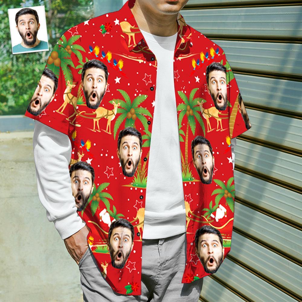 Custom Face Shirt Personalized Photo Men's Hawaiian Shirt Christmas Gift - Santa and Elk - soufeelmy