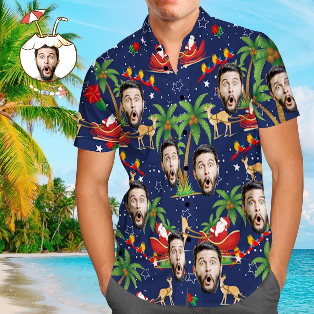 Custom Face Shirt Personalized Photo Men's Hawaiian Shirt Christmas Gift - Santa and Elk - soufeelmy