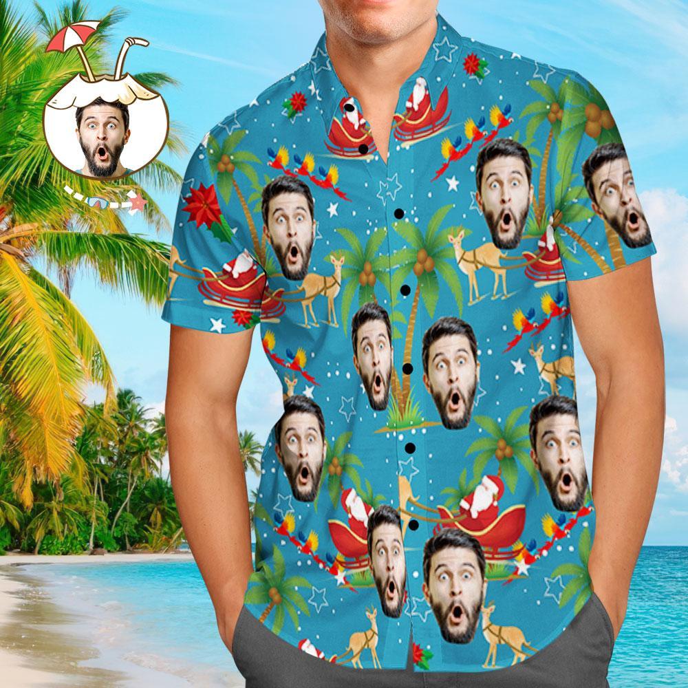 Custom Face Shirt Personalized Photo Men's Hawaiian Shirt Christmas Gift - Santa and Elk - soufeelmy