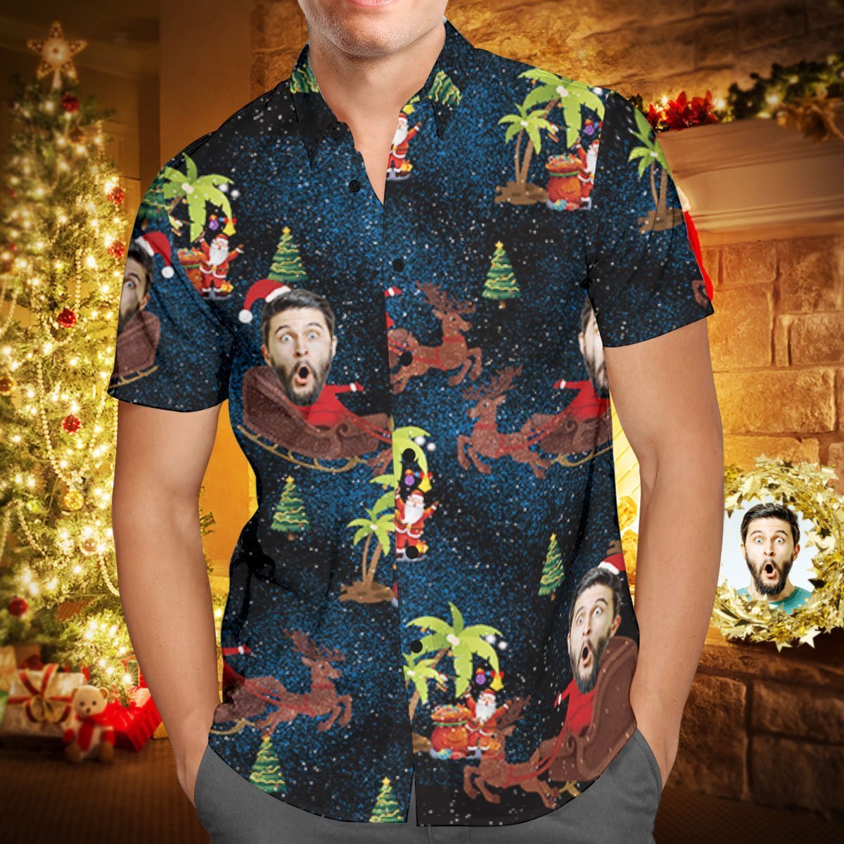 Custom Face Personalized Christmas Hawaiian Shirt Reindeer Pulling a Sleigh Christmas Gift - soufeelmy