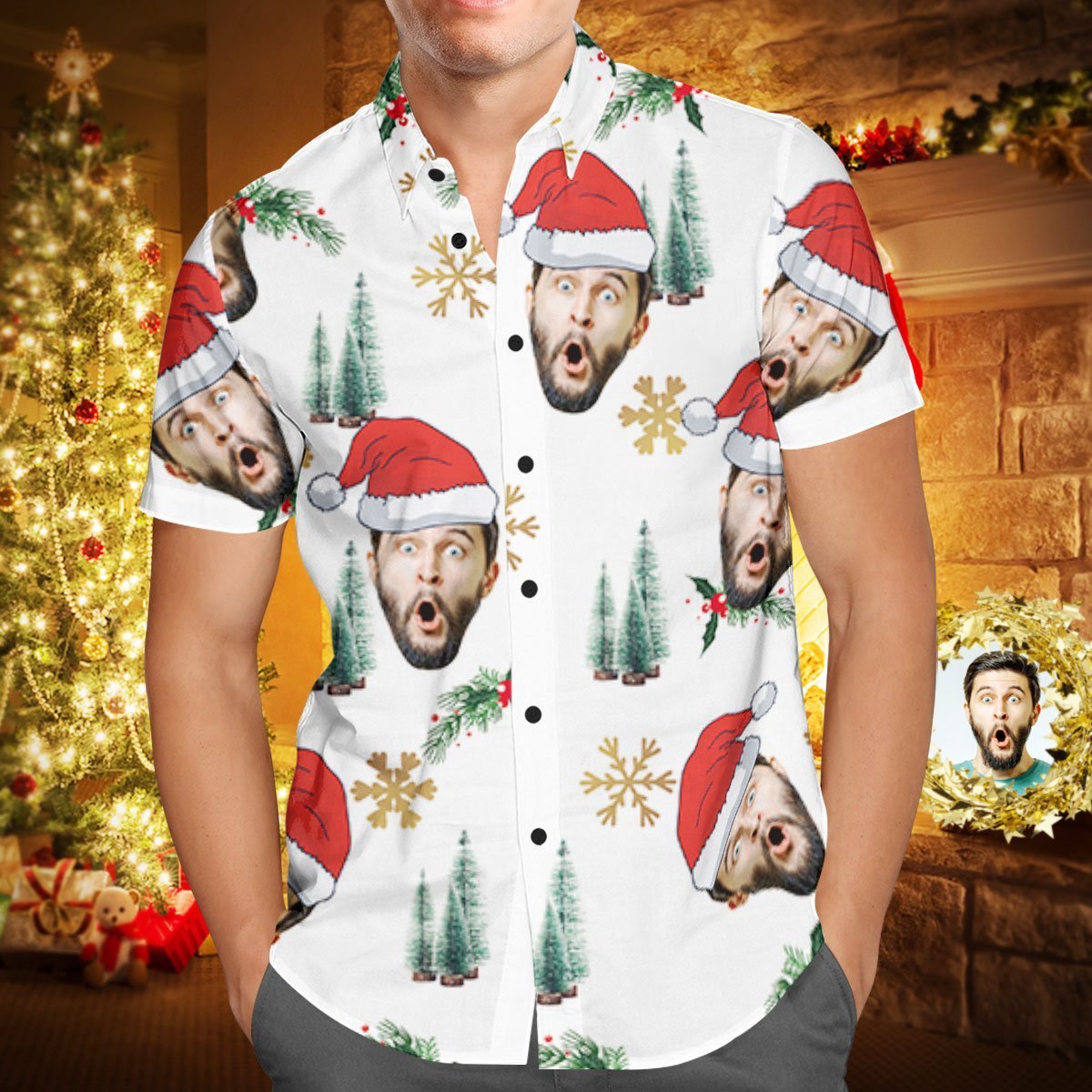 Custom Face Personalized Christmas Hawaiian Shirt Your Face With Santa Hat - soufeelmy