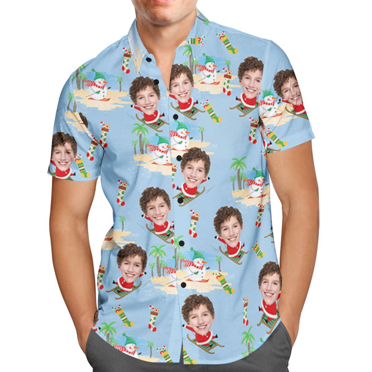 Custom Face Personalized Christmas Hawaiian Shirt Santa Claus Skateboard Surf - soufeelmy